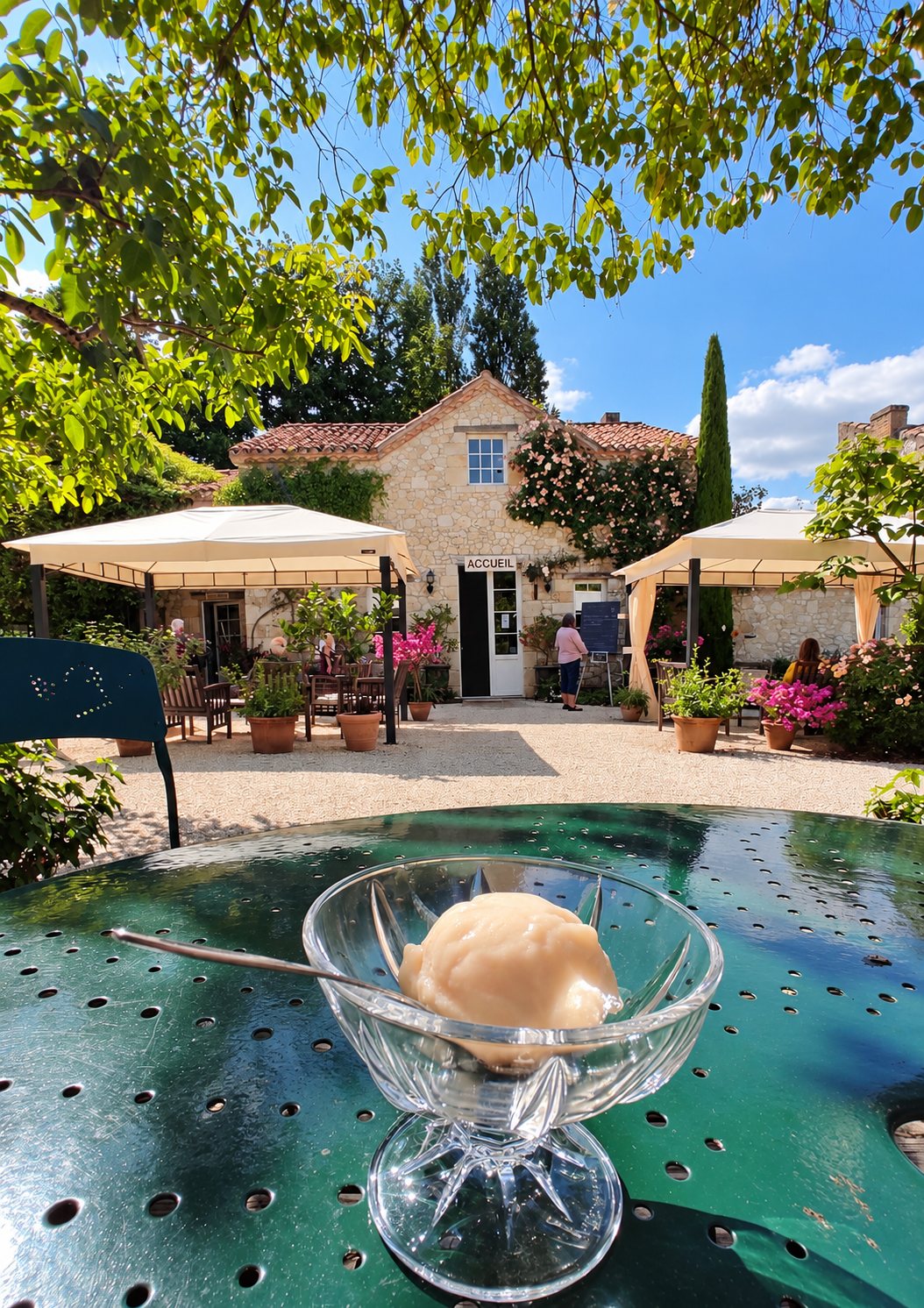 Une boule de glace dans une coupe en verre posée sur une table de jardin verte, avec une terrasse ombragée de tonnelles et une maison en pierre au fond.