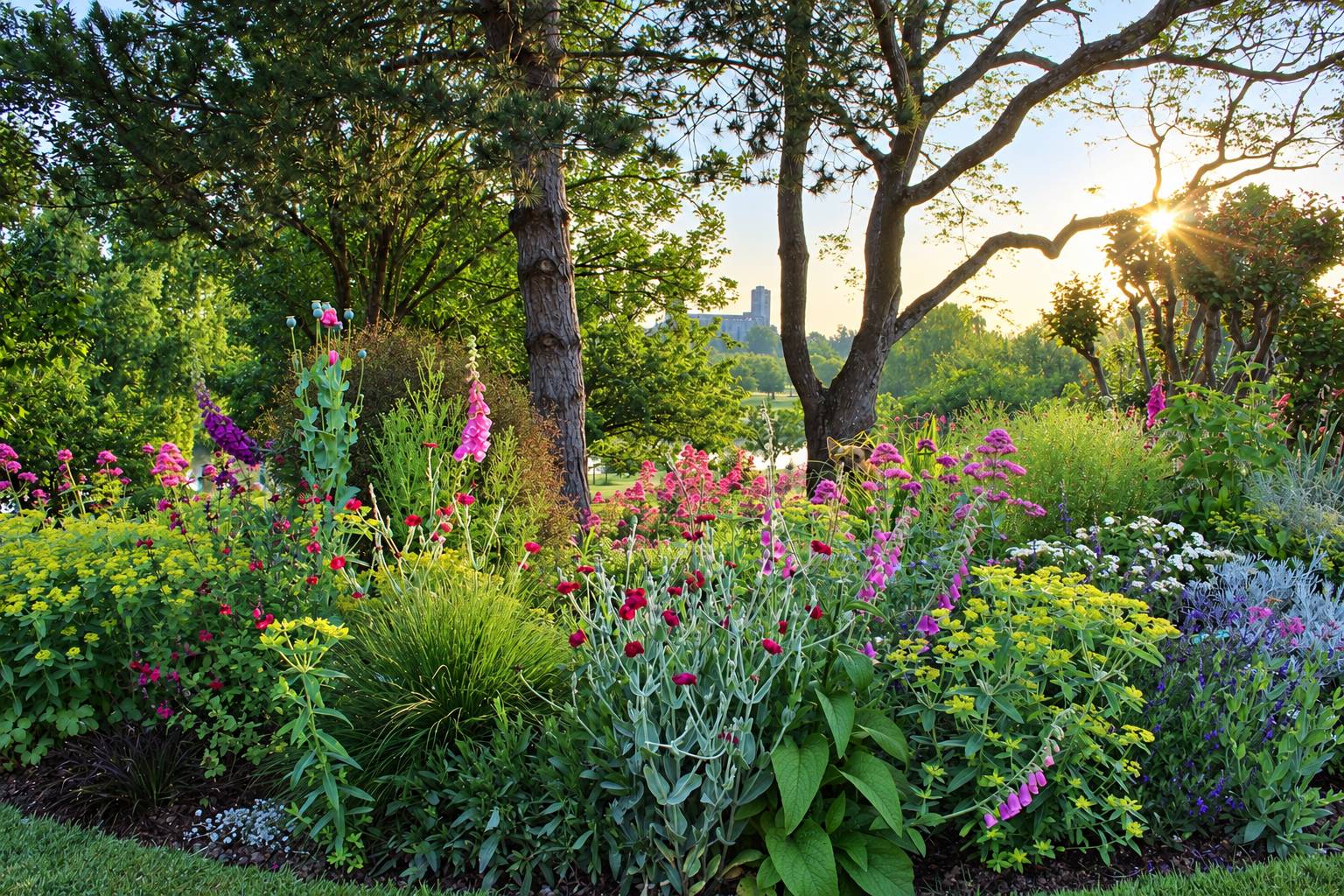 Un jardin paysager avec des massifs de digitales roses, d'euphorbes jaunes et de fleurs rouges sous de grands arbres, éclairés par le soleil levant.