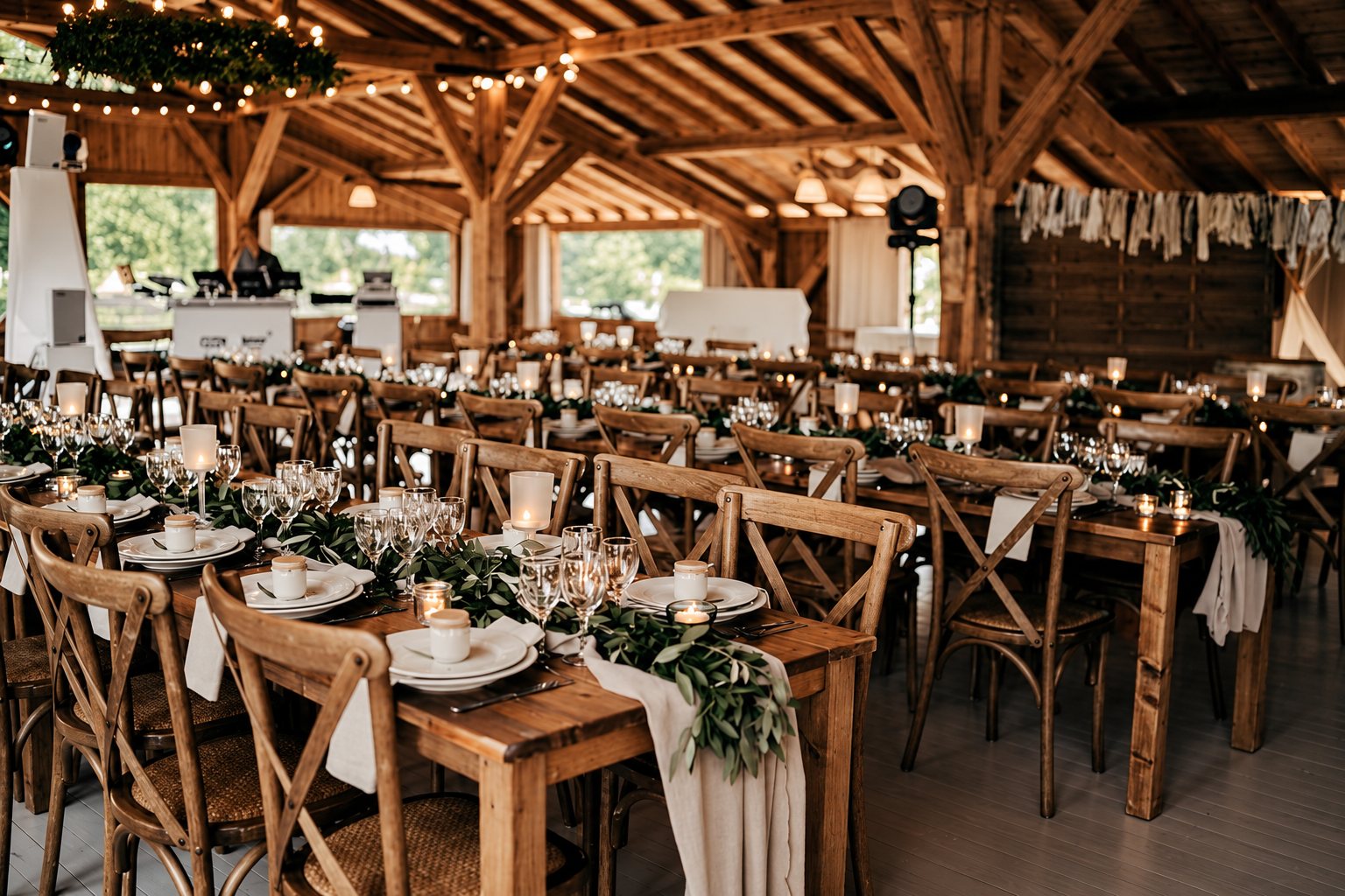 Grande salle à charpente en bois avec de longues tables en bois dressées pour un repas de mariage, ornées de feuillage, de bougies et de verres.