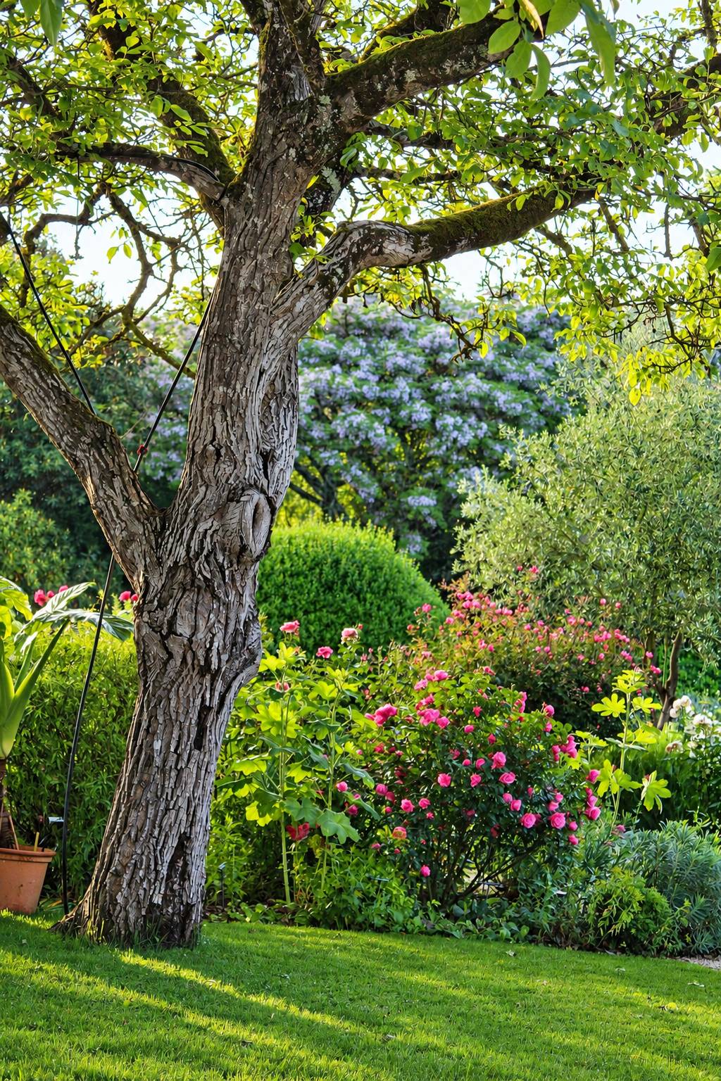 Un vieil arbre au tronc noueux se dresse sur une pelouse, devant des rosiers roses en fleurs, un buis arrondi et des arbres en arrière-plan.